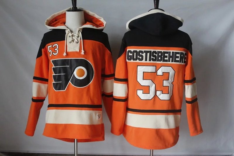 Men's Philadelphia Flyers #53 Shayne Gostisbehere Orange Premier Alternate Hockey Hoodie Stitched