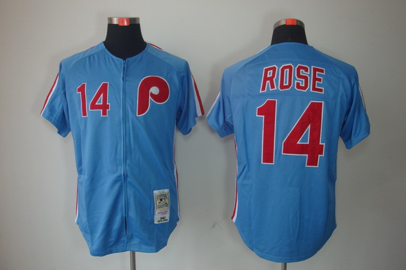 Men's Philadelphia Phillies #14 Pete Rose Blue zipper Throwback Jersey
