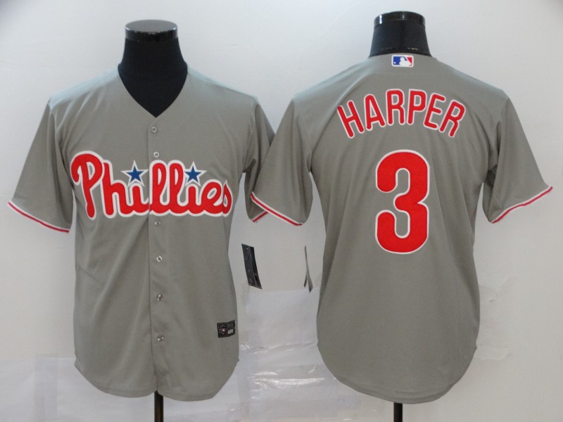 Men's Philadelphia Phillies #3 Bryce Harper Gray Stitched MLB Cool Base Nike Jersey的副本