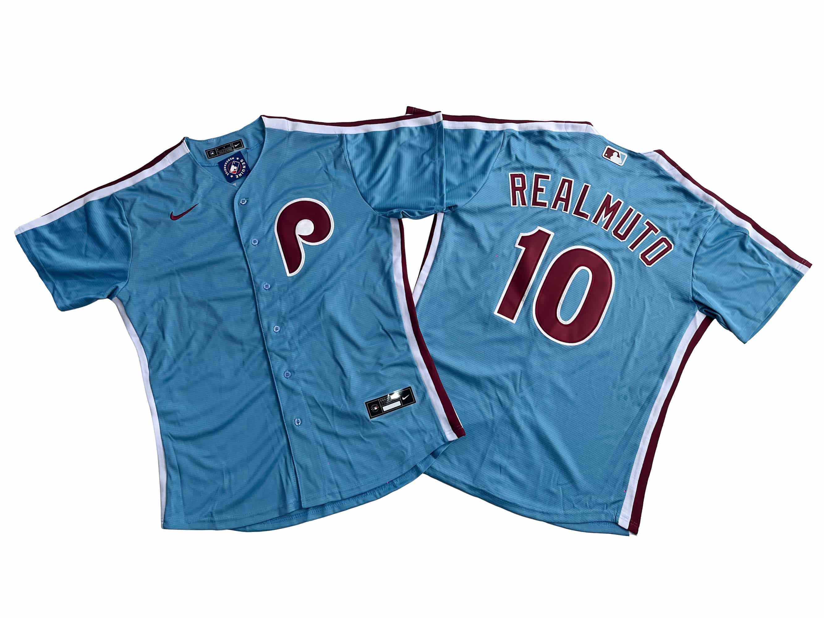 Men's Philadelphia Phillies 10# J.T. Realmuto Nike Light Blue Player Jersey.