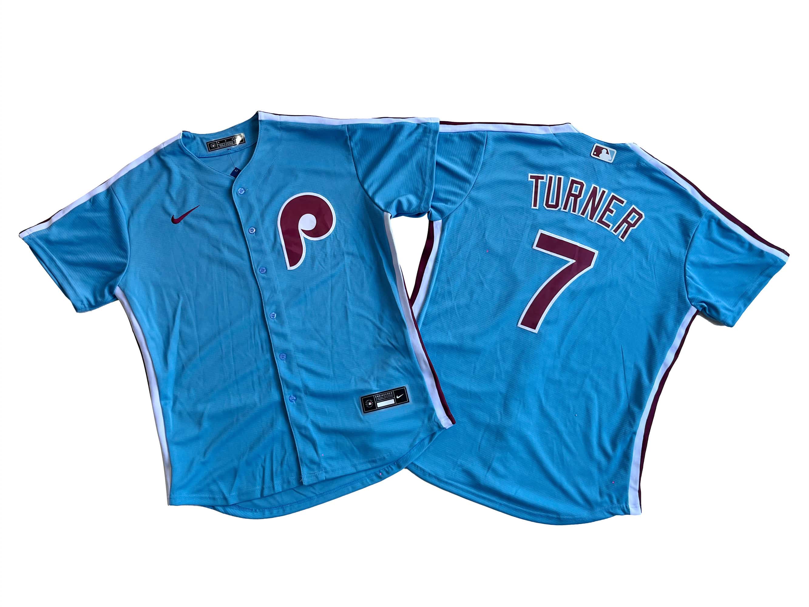 Men's Philadelphia Phillies 7# Trea Turner Nike Light Blue Player Jersey.j
