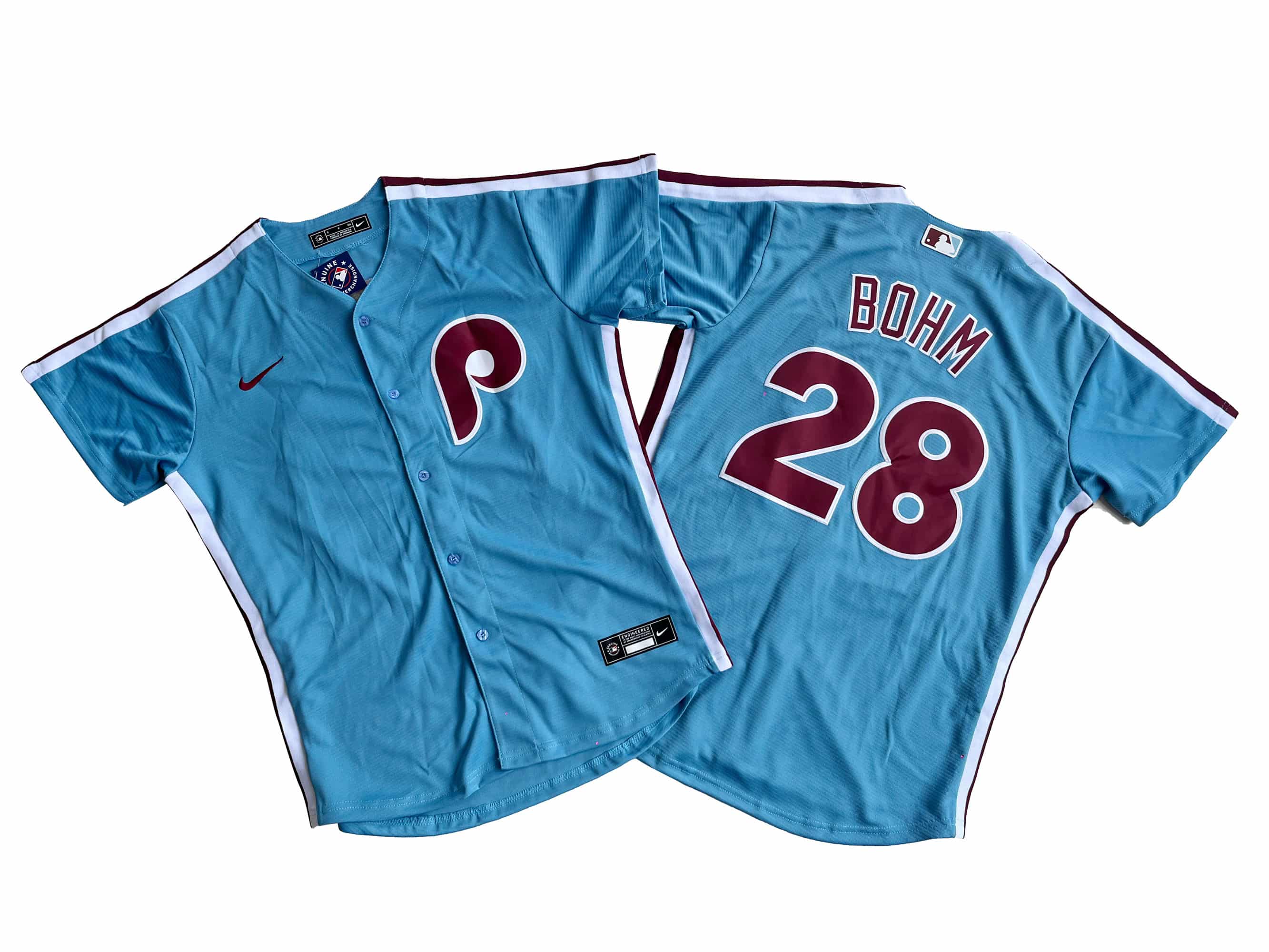 Men's Philadelphia Phillies Alec Bohm Nike Light Blue Player Jersey.