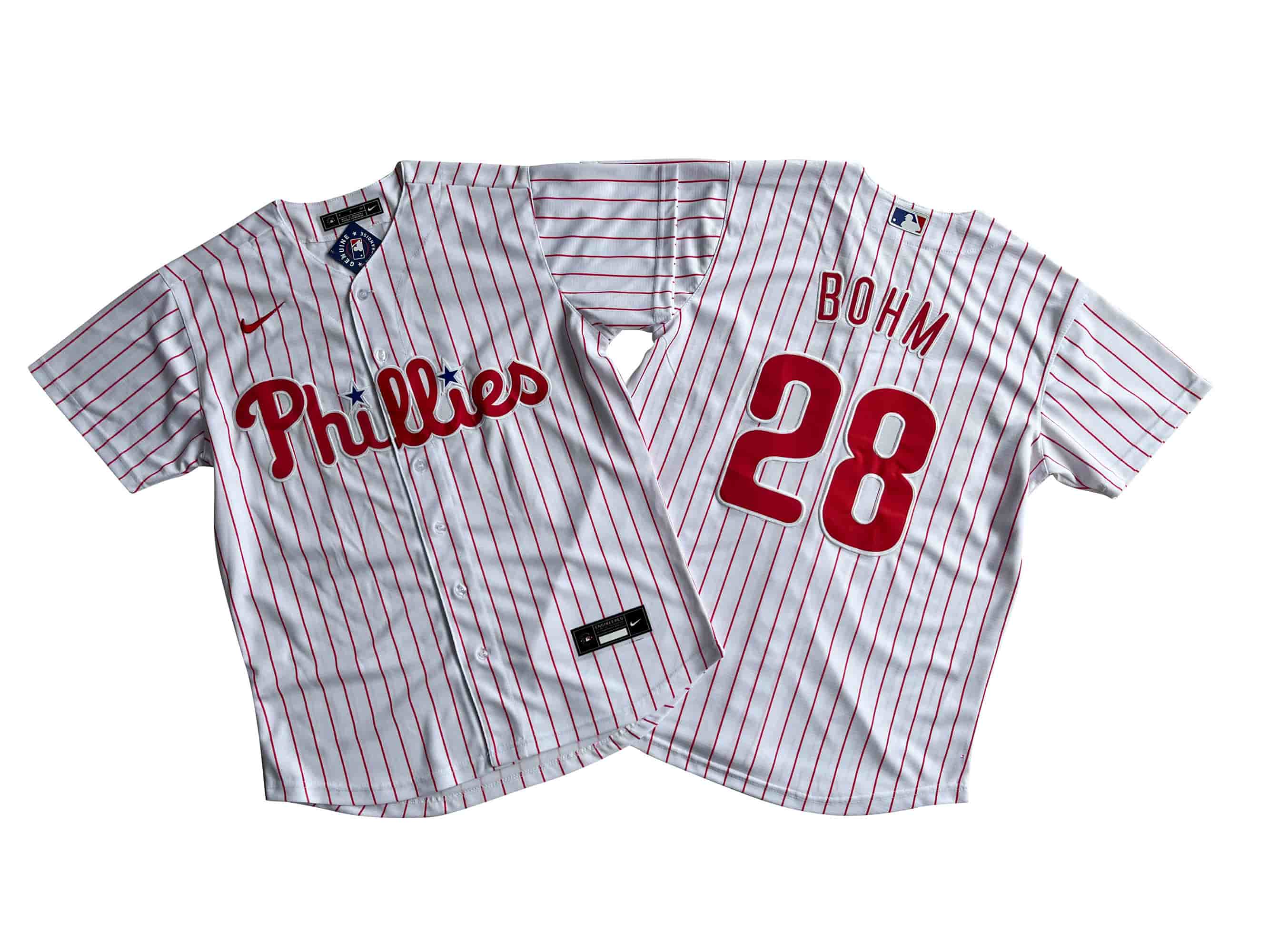 Men's Philadelphia Phillies Alec Bohm Nike White Replica Player Jersey.