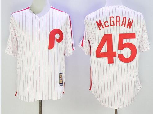 Men's Philadelphia Phillies Throwback Player #45 Tug McGraw White Pinstripe Majestic Cool Base Cooperstown Collection