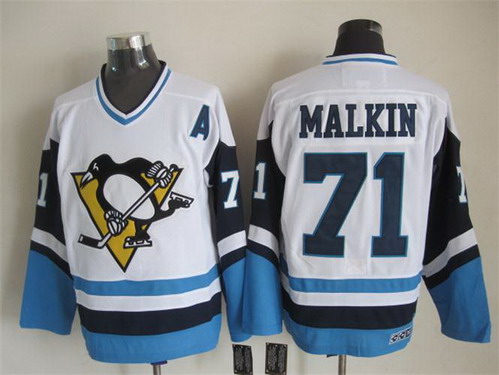 Men's Pittsburgh Penguins #71 Evgeni Malkin 1972 White With Light Blue CCM Vintage Throwback Jersey Stitched