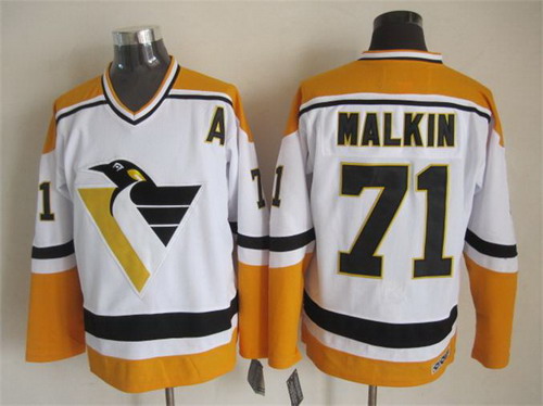 Men's Pittsburgh Penguins #71 Evgeni Malkin 1997-98 White With Yellow CCM Vintage Throwback Jersey Stitched