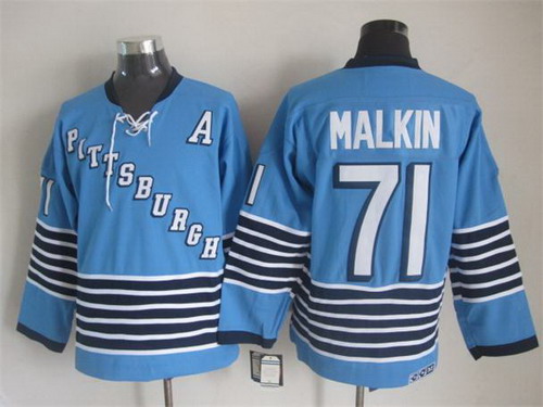 Men's Pittsburgh Penguins #71 Evgeni Malkin Light Blue CCM Vintage Throwback 1967 Away Jersey Stitched