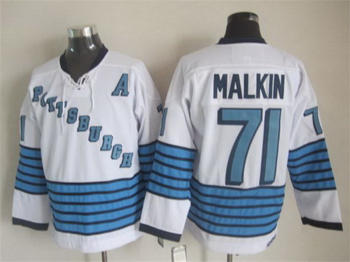 Men's Pittsburgh Penguins #71 Evgeni Malkin White Stripe CCM Vintage Throwback 1967 Home Stitched
