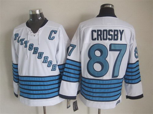 Men's Pittsburgh Penguins #87 Sidney Crosby White Stripe CCM Vintage Throwback 1967 Home Stitched