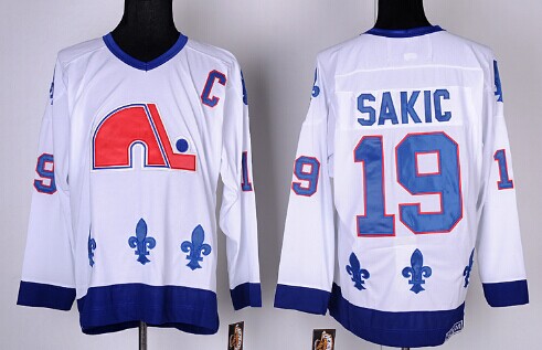 Men's Quebec Nordiques #19 Joe Sakic 1991-92 White CCM Vintage Throwback Jersey Stitched