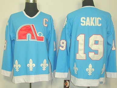 Men's Quebec Nordiques #19 Joe Sakic Light Blue CCM Vintage Throwback Jersey Stitched