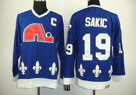 Men's Quebec Nordiques #19 Joe Sakic Navy Blue CCM Vintage Throwback Jersey Stitched