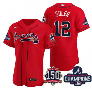 Men's Red Atlanta Braves #12 Jorge Soler 2021 World Series Champions With 150th Anniversary Flex Base Stitched Jersey