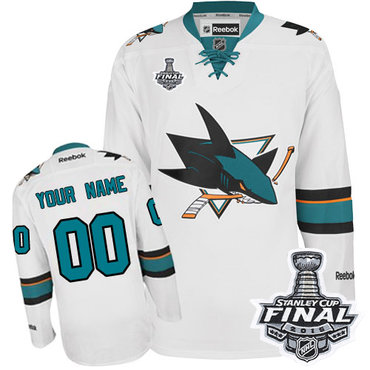 Men's Reebok San Jose Sharks Customized Authentic White Away 2016 Stanley Cup Final Bound NHL Jersey