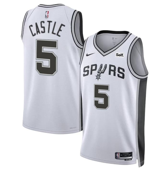 Men's San Antonio Spurs #5 Stephon Castle White Stitched Basketball Jersey