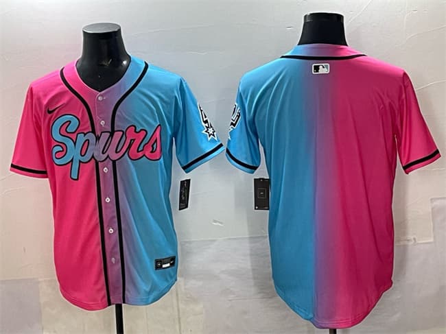 Men's San Antonio Spurs Blank Pink Blue Limited Stitched Baseball Jersey