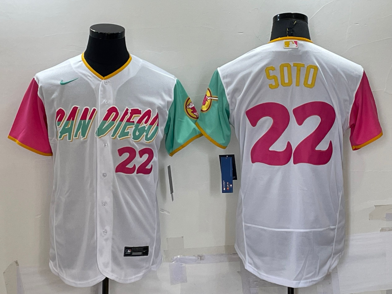 Men's San Diego Padres #22 Juan Soto Number White 2022 City Connect Flex Base Stitched Jersey的副本