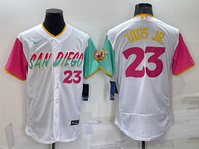 Men's San Diego Padres #23 Fernando Tatis Jr White Number 2022 City Connect Cool Base Stitched Jersey的副本