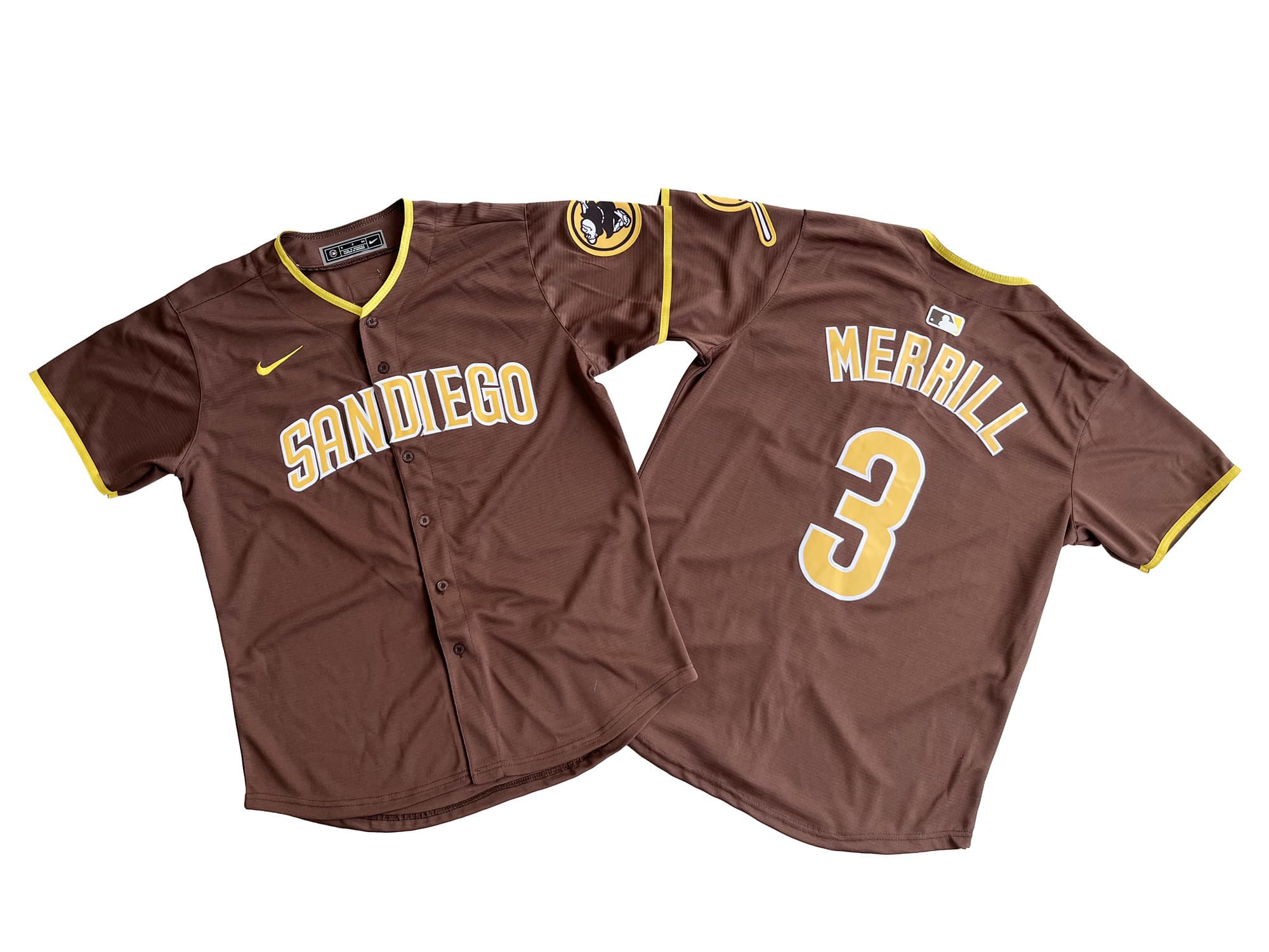 Men's San Diego Padres 3# Jackson Merrill Nike Brown Road Limited Player Jersey.