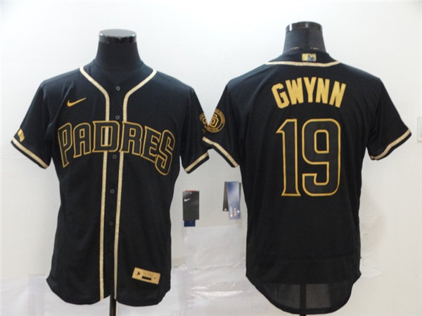 Men's San Diego Padres Retired Roster #19 Tony Gwynn Black Golden Edition Flex Base Jersey