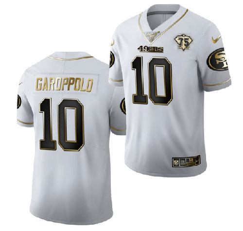 Men's San Francisco 49ers #10 Jimmy Garoppolo White Gold 75th Anniversary Stitched Jersey