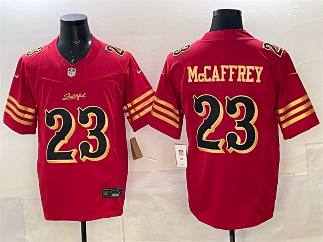 Men's San Francisco 49ers #23 Christian McCaffrey Red Gold 2025 F.U.S.E. a??Rivalriesa?? Vapor Limited Football Stitched Jersey