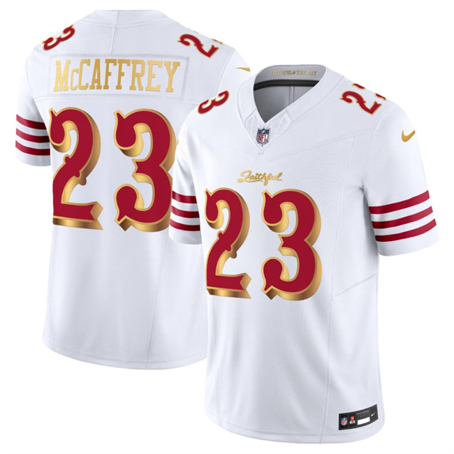Men's San Francisco 49ers #23 Christian McCaffrey White Gold 2025 F.U.S.E. a??Rivalriesa?? Vapor Limited Football Stitched Jersey