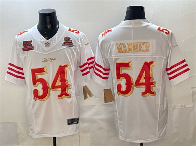 Men's San Francisco 49ers #54 Fred Warner White Gold 2025 F.U.S.E. a??Rivalriesa?? 5x Super Bowl Champions Patch Vapor Limited Stitched Football Jersey