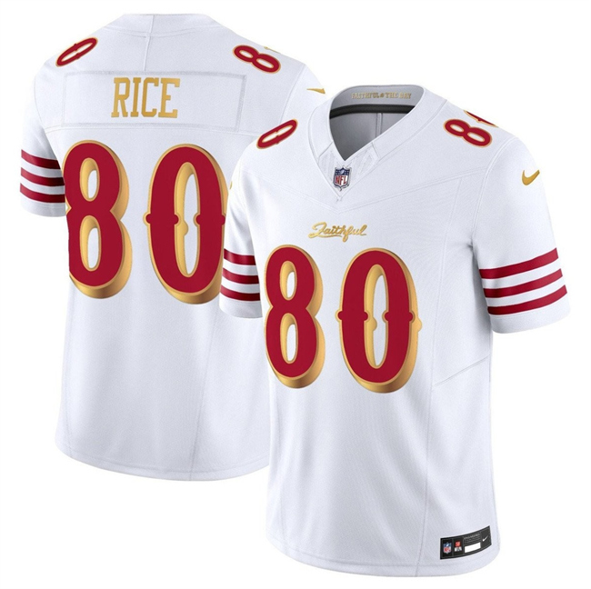 Men's San Francisco 49ers #80 Jerry Rice White Gold 2025 F.U.S.E. a??Rivalriesa?? Vapor Limited Football Stitched Jersey