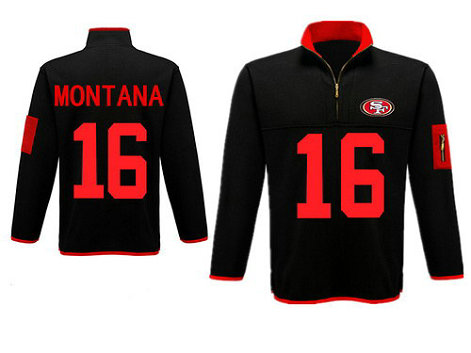 Men's San Francisco 49ers 16 Montana Antigua Gray Fortune Sweater Knit Microfleece Quarter-Zip Pullover Black Jacket