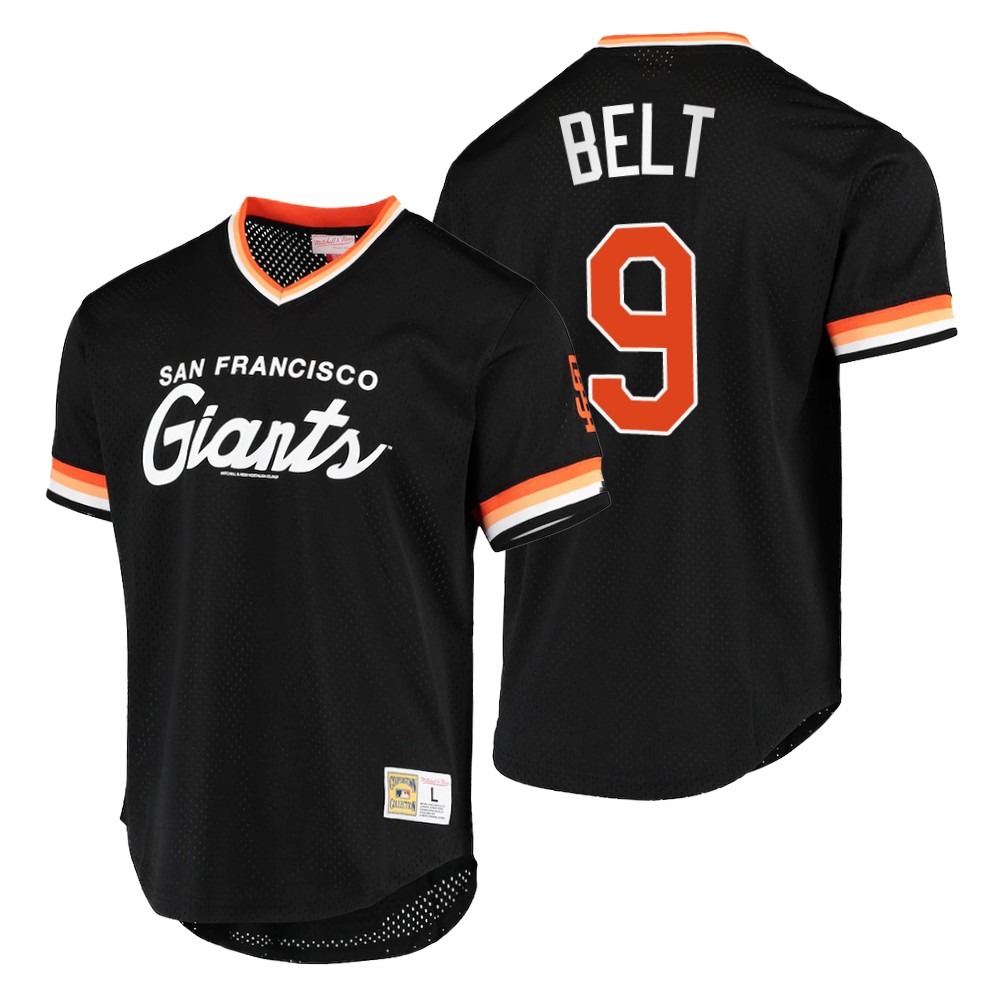Men's San Francisco Giants #9 Brandon Belt Mitchell & Ness Black Mesh Cooperstown Collection Jersey