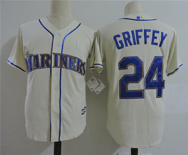 Men's Seattle Mariners #24 Ken Griffey Jr. Cream Cooperstown Collection Cool Base Jersey W2016 Hall Of Fame Patch