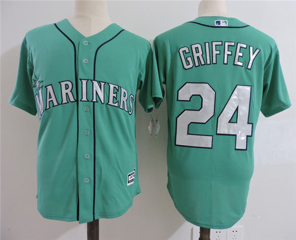 Men's Seattle Mariners #24 Ken Griffey Jr. Green Cooperstown Collection Cool Base Jersey W2016 Hall Of Fame Patch