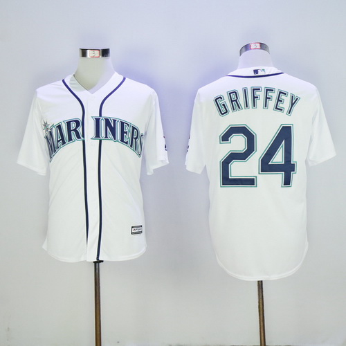 Men's Seattle Mariners #24 Ken Griffey Jr. White Cooperstown Collection Cool Base Jersey w2016 Hall Of Fame Patch