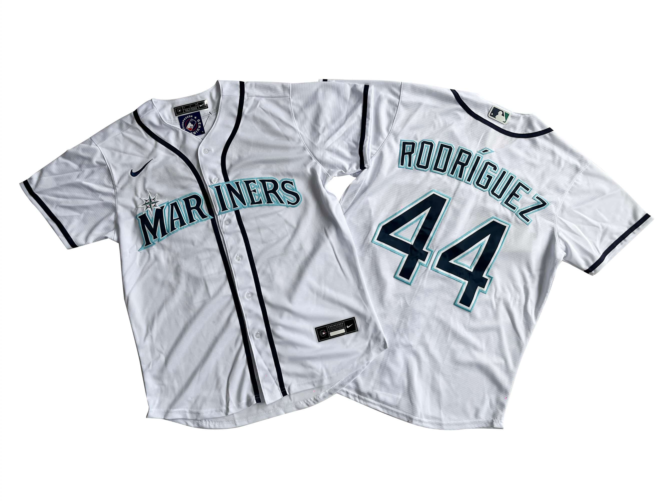 Men's Seattle Mariners 44# Julio Rodriguez Nike White Home Replica Player Jersey.