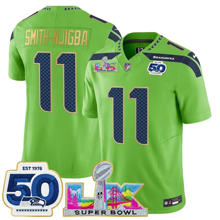 Men's Seattle Seahawks Super Bowl LX & 50th Patch Gold Trim Vapor Limited Jersey - All Stitched 11 Smith-Njigba