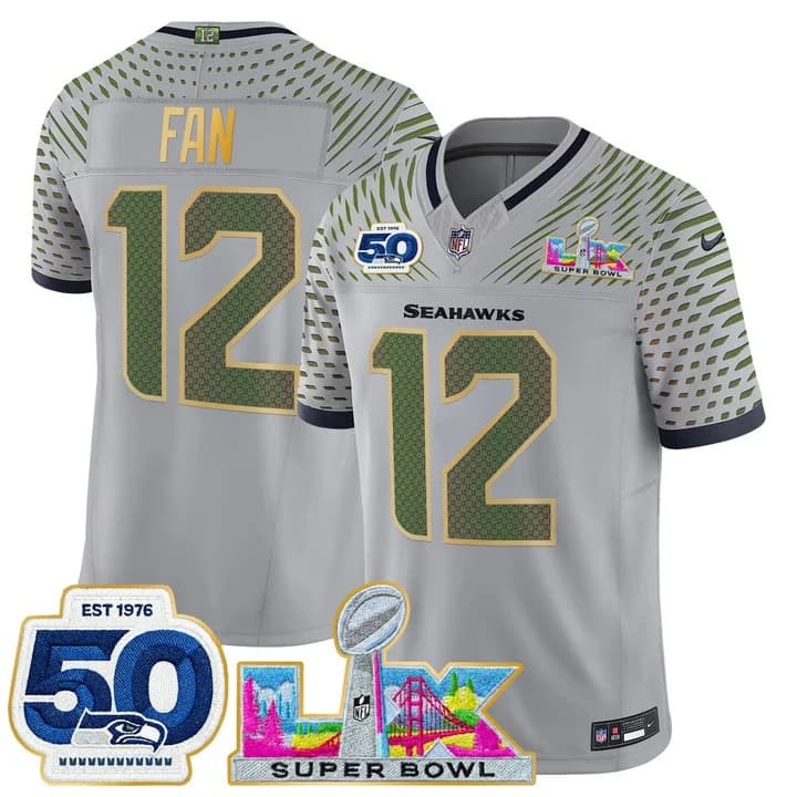 Men's Seattle Seahawks Super Bowl LX & 50th Patch Gold Trim Vapor Limited Jersey - All Stitched 12th   Fan