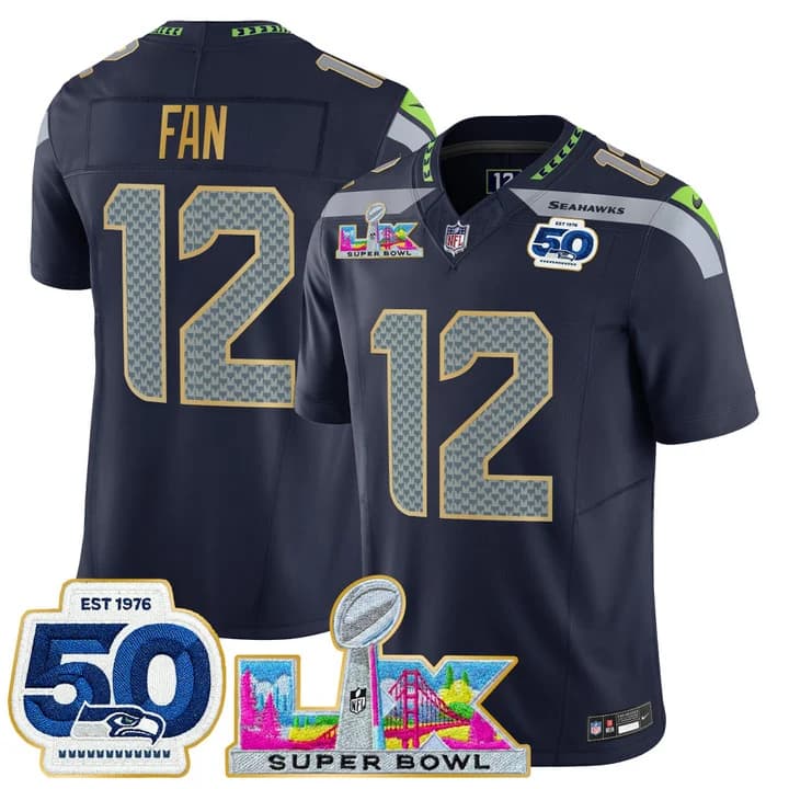 Men's Seattle Seahawks Super Bowl LX & 50th Patch Gold Trim Vapor Limited Jersey - All Stitched 12th  Fan