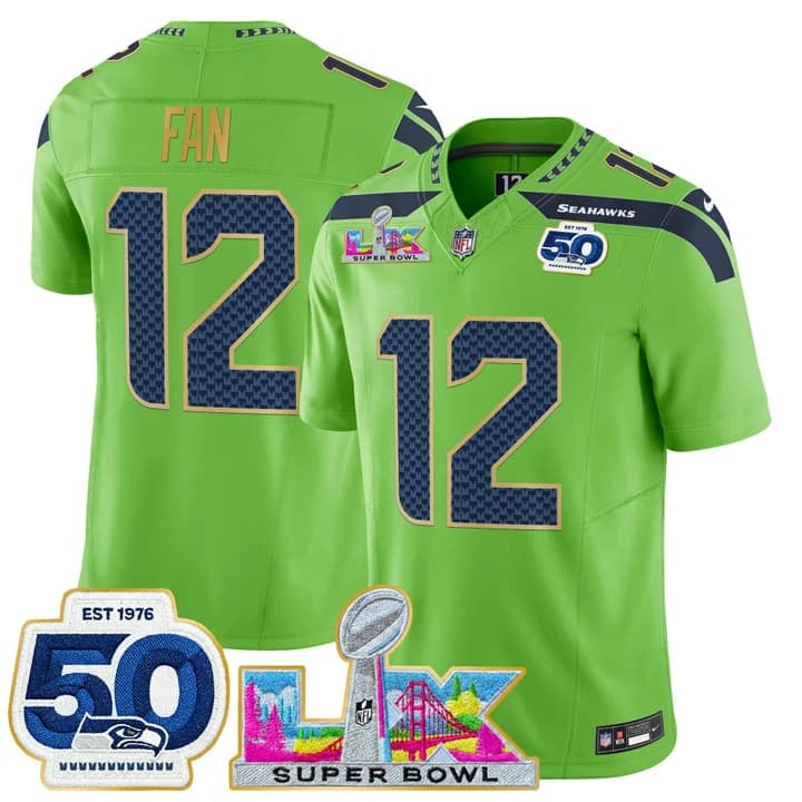 Men's Seattle Seahawks Super Bowl LX & 50th Patch Gold Trim Vapor Limited Jersey - All Stitched 12th Fan #12