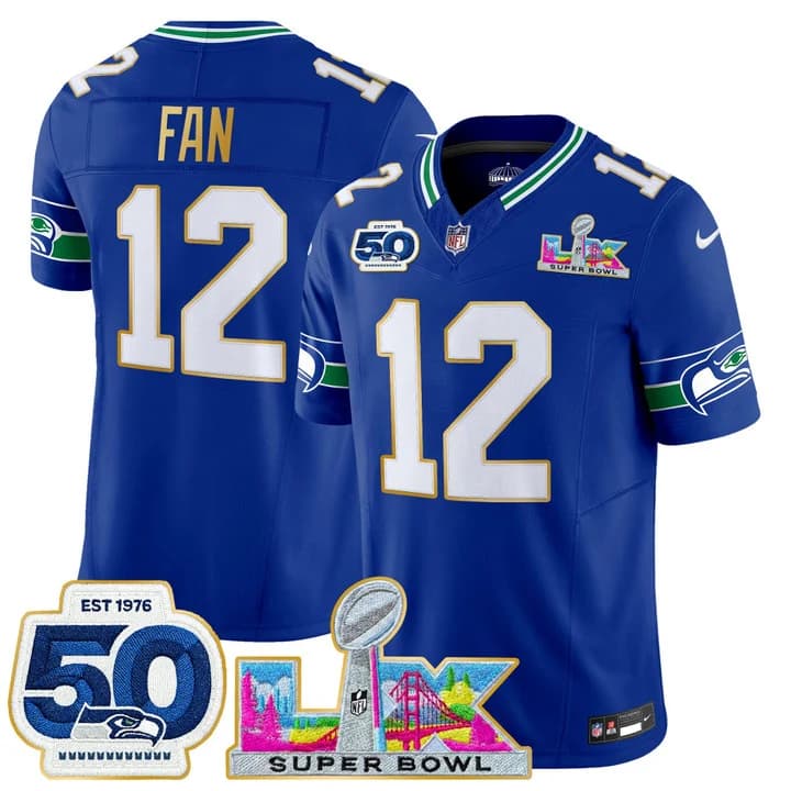 Men's Seattle Seahawks Super Bowl LX & 50th Patch Gold Trim Vapor Limited Jersey - All Stitched 12th Fan