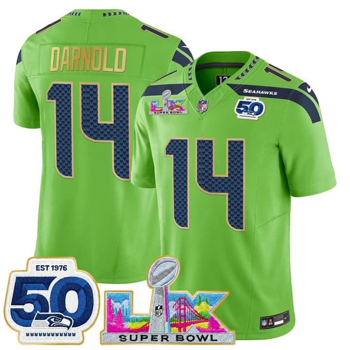 Men's Seattle Seahawks Super Bowl LX & 50th Patch Gold Trim Vapor Limited Jersey - All Stitched 14 Sam Darnold