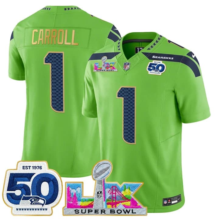Men's Seattle Seahawks Super Bowl LX & 50th Patch Gold Trim Vapor Limited Jersey - All Stitched 1Pete Carroll