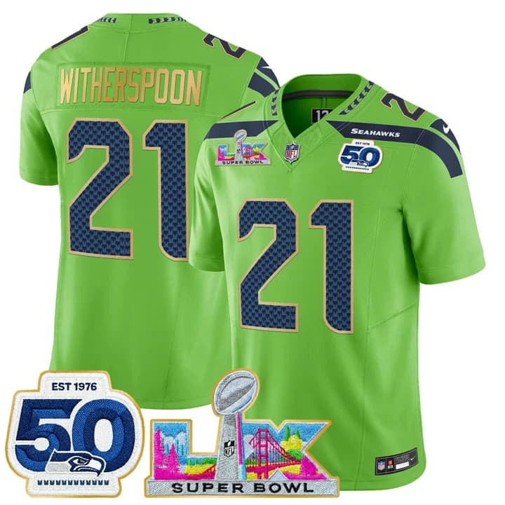 Men's Seattle Seahawks Super Bowl LX & 50th Patch Gold Trim Vapor Limited Jersey - All Stitched 21 Devon Witherspoon