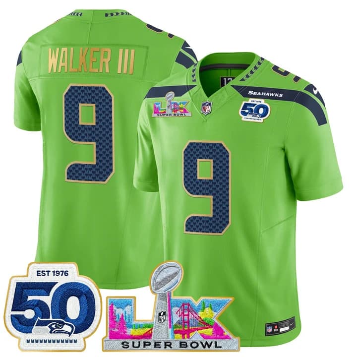 Men's Seattle Seahawks Super Bowl LX & 50th Patch Gold Trim Vapor Limited Jersey - All Stitched 9  Walker III