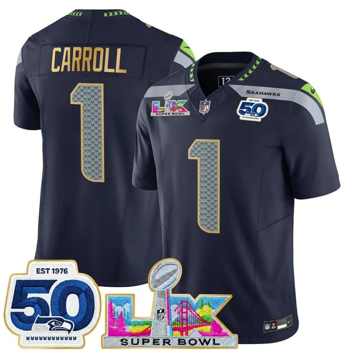 Men's Seattle Seahawks Super Bowl LX & 50th Patch Gold Trim Vapor Limited Jersey - All Stitched Pete Carroll  1