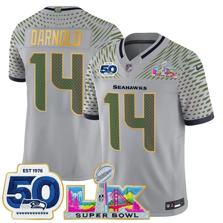 Men's Seattle Seahawks Super Bowl LX & 50th Patch Gold Trim Vapor Limited Jersey - All Stitched Sam Darnold   14
