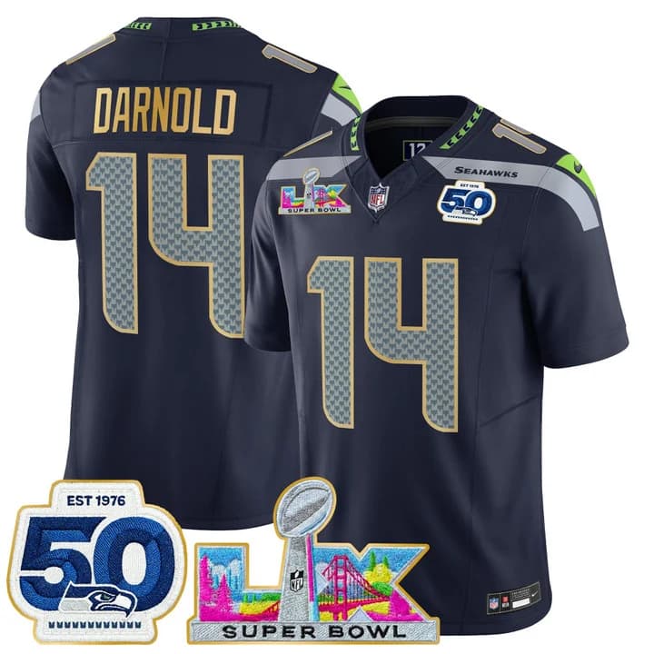 Men's Seattle Seahawks Super Bowl LX & 50th Patch Gold Trim Vapor Limited Jersey - All Stitched Sam Darnold  14