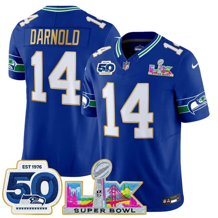 Men's Seattle Seahawks Super Bowl LX & 50th Patch Gold Trim Vapor Limited Jersey - All Stitched Sam Darnold