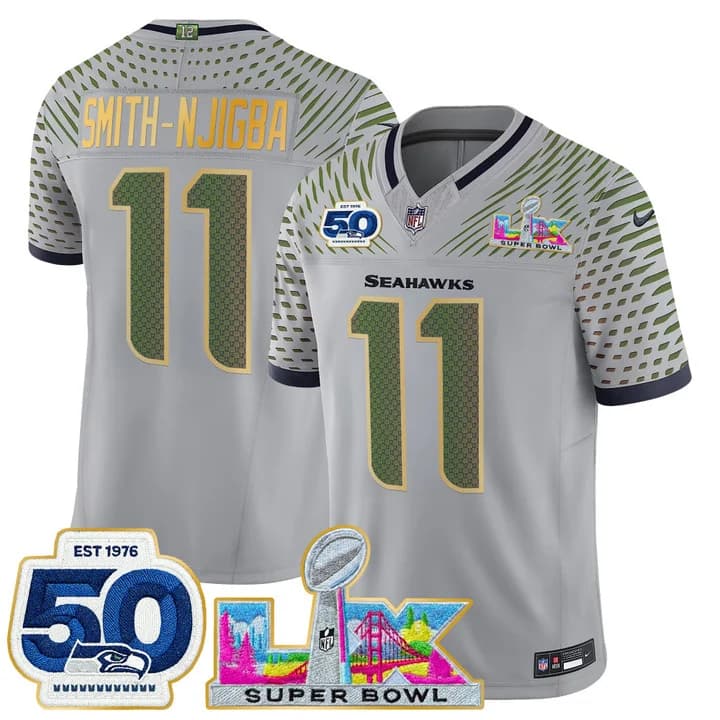 Men's Seattle Seahawks Super Bowl LX & 50th Patch Gold Trim Vapor Limited Jersey - All Stitched Smith-Njigba   11