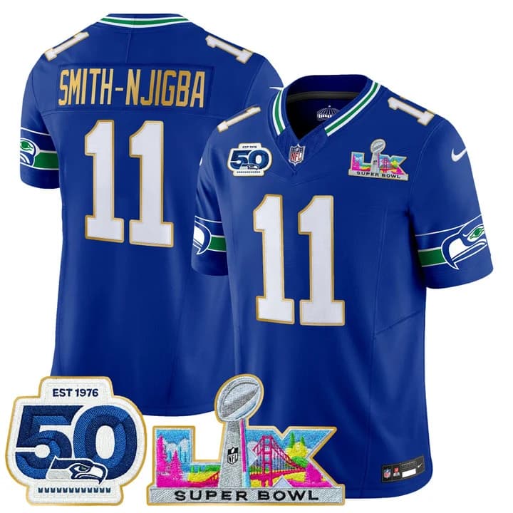 Men's Seattle Seahawks Super Bowl LX & 50th Patch Gold Trim Vapor Limited Jersey - All Stitched Smith-Njigba